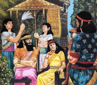 Assyrian kuningas ja kuningatar vastaanottamassa apinaa tekijältä Richard Hook