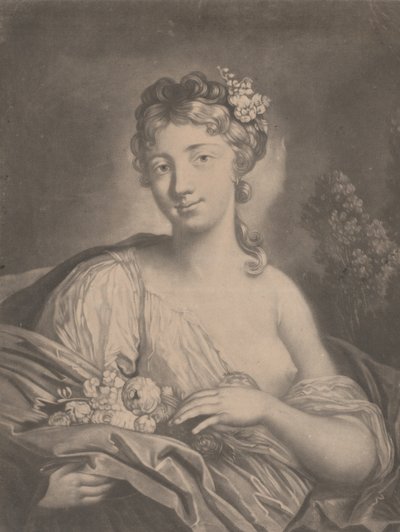 Kevät: nuori nainen pitelee kukkia viitassaan, 1775. tekijältä Richard Houston