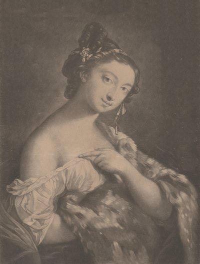 Talvi: nainen pitelee pilkullista turkisvaippaa, 1775. tekijältä Richard Houston