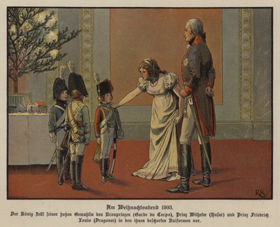Preussin kuningas Frederick William III ja kuningatar Louise sekä kruununprinssi Frederick William, prinssi William ja prinssi Frederick Louis sotilasunivormuihin pukeutuneena jouluaattona tekijältä Richard Knotel