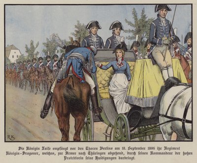 Preussin kuningatar Louise tarkastelee Dragoons-rykmenttiään Berliinissä tekijältä Richard Knotel