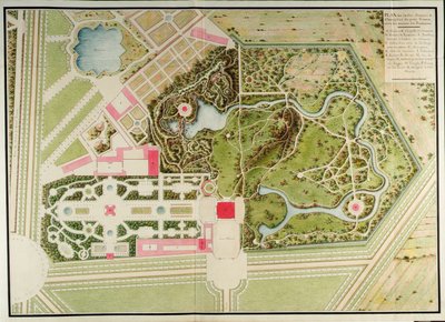 Petit-Trianonin ranskalaisen ja maalaispuutarhan suunnitelma rakennuksen massoineen Richard Miquen Recueil des plans du Petit Trianonista tekijältä Richard Mique