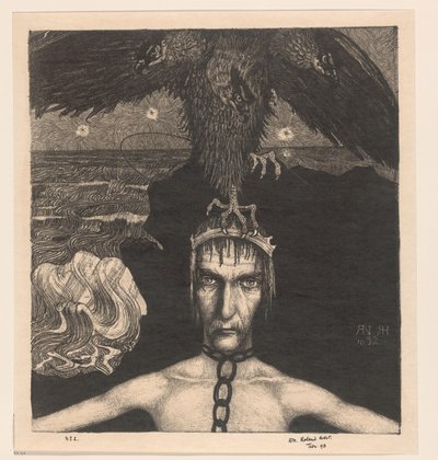 Kahlittu mies kolmipäinen petolintu päässään Anangke (Destiny) (alkuperäinen nimi) tekijältä Richard Nicolaüs Roland Holst (signed by artist)