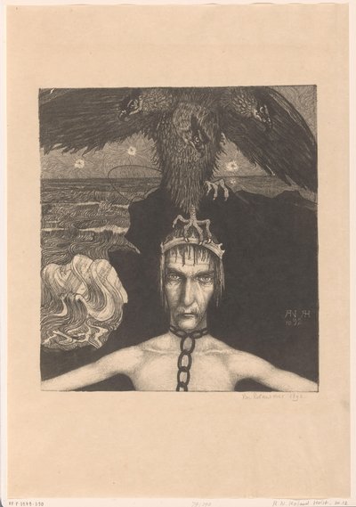 Kahlittu mies kolmipäinen petolintu päässään Anangke (Destiny) (alkuperäinen nimi) tekijältä Richard Nicolaüs Roland Holst