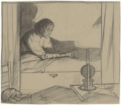 Nainen ylähuoneessa, istuu sängyssä (toinen luonnos) tekijältä Richard Nicolaüs Roland Holst