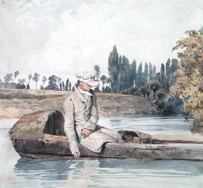 Mies kalastamassa veneestä joella (akvarelli paperille) tekijältä Richard Parkes Bonington