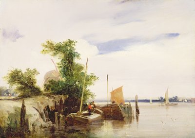 Proomut joella, n. 1825-26 (öljy myllylaudalla) (allekirjoitettu) tekijältä Richard Parkes Bonington