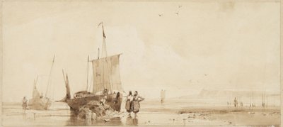 Kalastusveneitä hiekkarannalla Normandian rannikolla tekijältä Richard Parkes Bonington