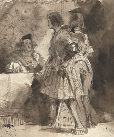 Goetz von Berlichingen keisarillisen tuomarin edessä, n. 1826 (ruskea pesu ja muste grafiitin päällä paperilla) tekijältä Richard Parkes Bonington