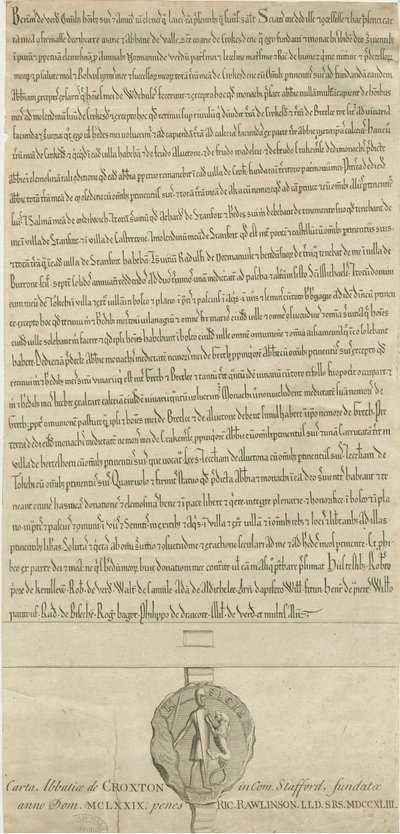 Croxden Abbey - Säätiön peruskirja: kaiverrus tekijältä Richard Rawlinson