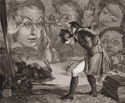 Jonathan Swiftin Gulliver-matkat. Gulliver oli esillä pöydällä Brobdingnagin asukkaiden ihailuksi. Redgrave-kaiverrus. tekijältä Richard Redgrave