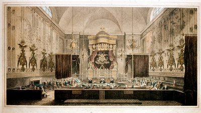 Näkymä House of Lordsista, Ison-Britannian parlamentin ylähuoneesta. Kaiverrus Rothwell. 1800-luvun Parker Gallery, Lontoo tekijältä Richard Rothwell