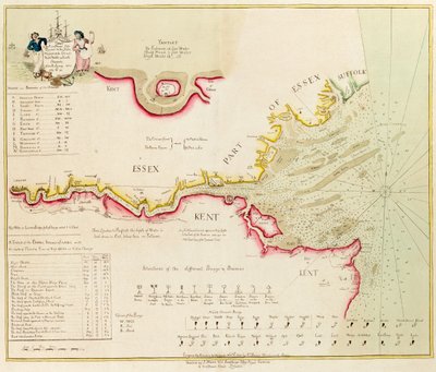 Merikartta Thames-joesta Lontoosta Noreen, Margateen ja Downsiin, pohjois-, keski- ja eteläkanaviin, vuosina 1789 ja 90 tehdystä kartoituksesta. tekijältä Richard Stanier