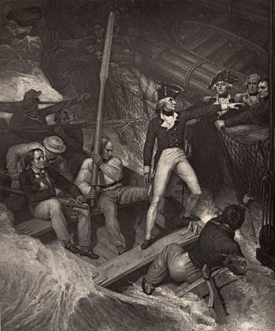 Luutnantti Nelson ilmoittautuu vapaaehtoiseksi palkinnolle väkivaltaisessa myrskyssä, kuva Robert Southeyn (1774-1843) teoksesta "Nelsonin elämä" julkaistiin ensimmäisen kerran 1813. tekijältä Richard Westall