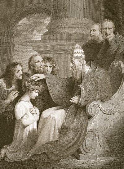 Prinssi Alfred ennen paavi Leo III:ta, kaiverrettu J. Stow, kuvitus David Humen teoksesta "Englannin historia", pub. R. Bowyer, Lontoo, 1812 tekijältä Richard Westall