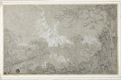 Dee-joen rannat lähellä Eaton Hallia, Cheshire, n. 1759 (mustavalkoinen liitu siniselle levitetylle paperille, asetettu kortille) tekijältä Richard Wilson