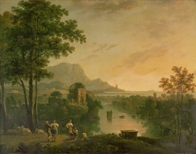 Rannikkomaisema illalla paimenet ja paimentyttäret tanssivat tekijältä Richard Wilson