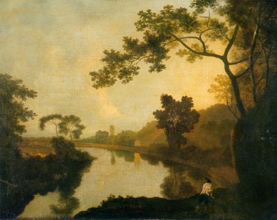 Jokinäkymä, jossa on hahmoja rannalla, noin 1760 (öljy kankaalle). tekijältä Richard Wilson