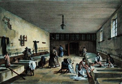 Upseerikylpylä Bourbonne les Bainsin sotasairaalassa, 1800-luvun puoliväli (värillinen kaiverrus) tekijältä Richoux (after)