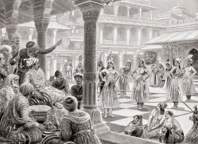 Akbar soittaa pachisia tai chaupuria live-kappaleiden kanssa Fatehpur Sikrissä vuonna 1575, Hutchinsonin Kansakuntien historiasta, pub.1915 tekijältä Robert (after) Dudley