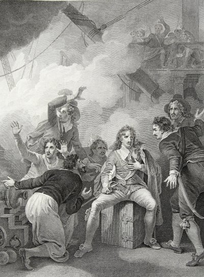 Earl Sandwich kieltäytyi jättämästä laivaansa palaessaan Sole Bayn taistelussa, kaivertanut W. Byrne, kuvitus David Humen "Englannin historiasta", pub. kirjoittanut R. Bowyer, Lontoo tekijältä Robert (after) Smirke