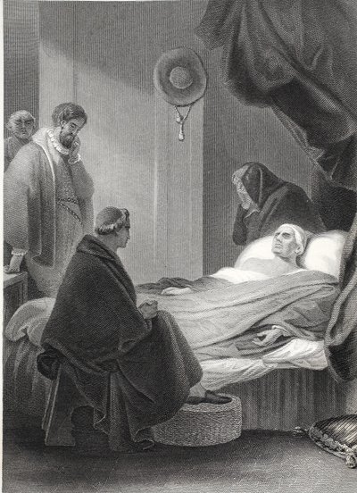 Kardinaali Wolseyn kuolema, kaiverrus A.H. Payne (litho) tekijältä Robert (after) Smirke