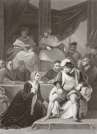 Henry VIII:n avioliiton oikeudenkäynti, kaiverrus A.H. Payne (litho) tekijältä Robert (after) Smirke