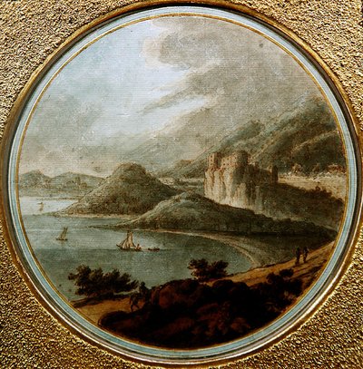 Linna merenlahden yläpuolella laivoineen, n. 1775 (kynä ja muste vesivärillä paperilla) tekijältä Robert (attr. to) Adam