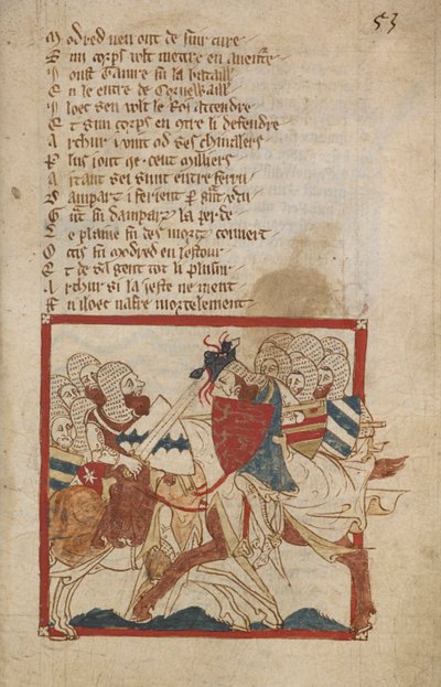 Arthur Mortally Wounded, kuvitus teoksesta "Romansseja ranskalaisissa säkeissä...", kirjoittanut Wacen kaanon (Wace of Bayeux) tekijältä Robert (c.1110 74) Wace