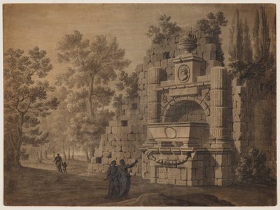 Capriccio, jossa antiikin hahmoja raunioituneen klassisen monumentin keskellä tekijältä Robert Adam