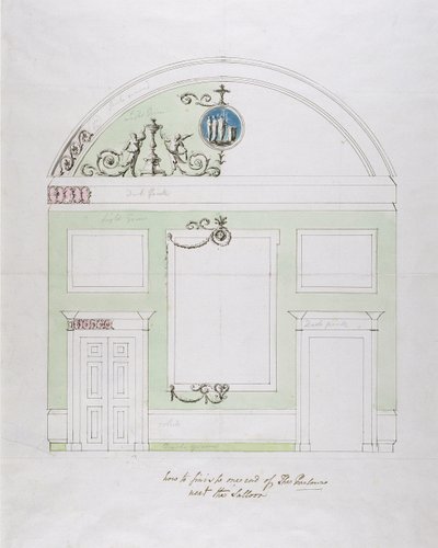 Suunnittelu ruokasalin päätyseinään, Headfort House (kynä ja musta muste grafiitin päällä wc:llä paperille) tekijältä Robert Adam