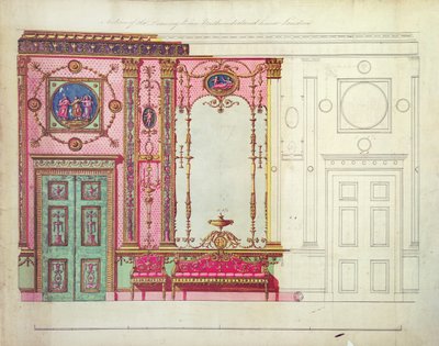 Drawing Roomin osa, Northumberland House, Lontoo; Suunnittelu päätyseinään (kynä, muste ja wc) tekijältä Robert Adam