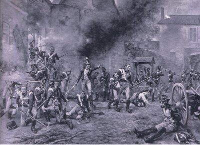 Hougoumontin puolustus 18. kesäkuuta 1815, kuva brittiläisistä taisteluista maalla ja merellä, 1915 tekijältä Robert Alexander Hillingford