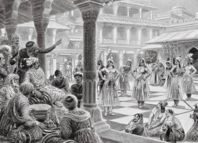 Akbar pelaa Fatehpur Sikrissä nappulapelejä Living Piecesin kanssa. tekijältä Robert Ambrose Dudley