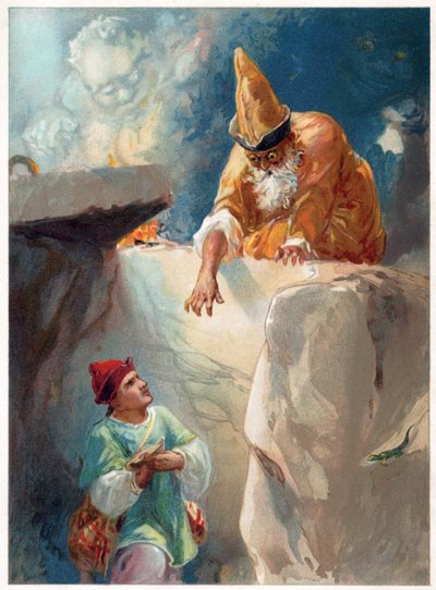 Aladdin and the Magician, kuvitus "Once Upon a Time" -julkaisusta, kustantaja Ernest Mister, n. 1900 (värilitho) tekijältä Robert Ambrose Dudley