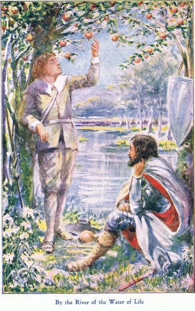 By the River of the Water of Life, John F Shaw & Co:n julkaisemasta The Pilgrims Progressista, noin 1900-luku (värilitho) tekijältä Robert Ambrose Dudley