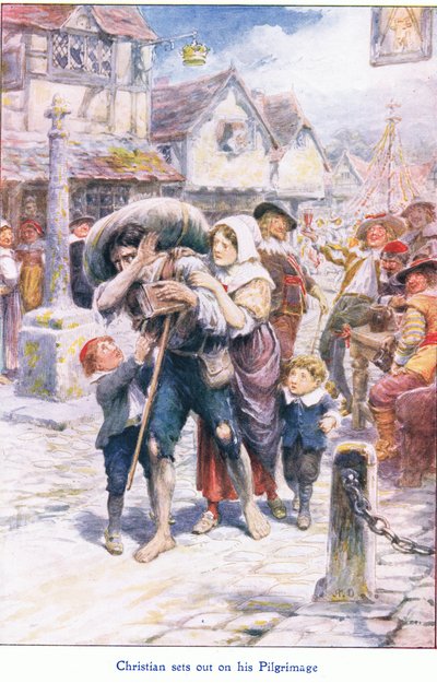 Christian lähtee pyhiinvaellusmatkalleen John F Shaw & Co:n julkaisemasta The Pilgrims Progressista, noin 1900-luvulla (värilitho) tekijältä Robert Ambrose Dudley