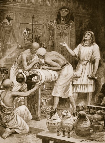 Balsaming the Dead, kuvitus teoksesta "Hutchinsons History of the Nations", n. 1910 (litho) tekijältä Robert Ambrose Dudley