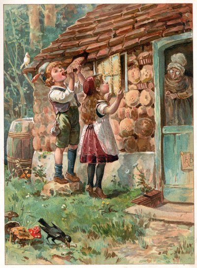 Hansel ja Kerttu, kuvitus "Once Upon a Time", kustantaja Ernest Mister, n. 1900 (värilitho) tekijältä Robert Ambrose Dudley