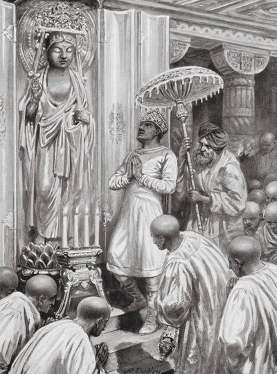 Kanishka avaa mahayana-buddhalaisuuden (pohjoinen buddhalaisuus), 100 jKr. (litografia) tekijältä Robert Ambrose Dudley