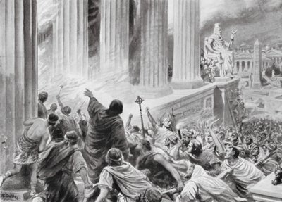 Aleksandrian kirjaston polttaminen, 391 jKr (litografia) tekijältä Robert Ambrose Dudley