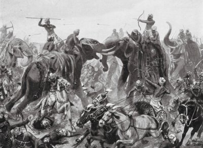 Pulikesin II Chalukhyan tappio Mahamalla Pallavan toimesta Badamissa, 642 jKr (litografia) tekijältä Robert Ambrose Dudley