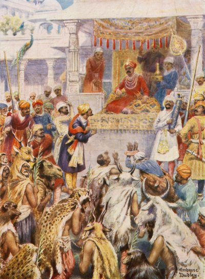Khan Jahan näyttää Akbarille ruhtinaallisia vankejaan (värilitografia). tekijältä Robert Ambrose Dudley