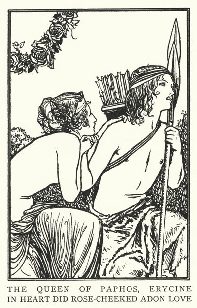 Pafoksen kuningatar, Erycine, sydämessään rakasti ruusupokkista Adonia (litho) tekijältä Robert Anning Bell