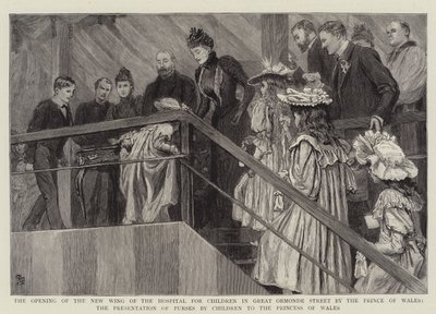 Walesin prinssin lastensairaalan uuden siiven avaaminen Great Ormond Streetillä, lasten kukkaroiden esittely Walesin prinsessalle tekijältä Robert Barnes