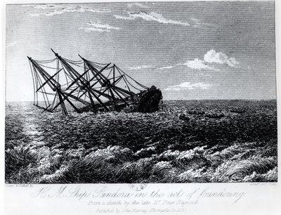 H.M. Pandoran perustaminen teoksesta The Eventful History of the Mutiny and Piratical Seifure of H.M.S. Bounty: sen syy ja seuraukset, John Barrow, julkaissut John Murray vuonna 1835 tekijältä Robert Batty