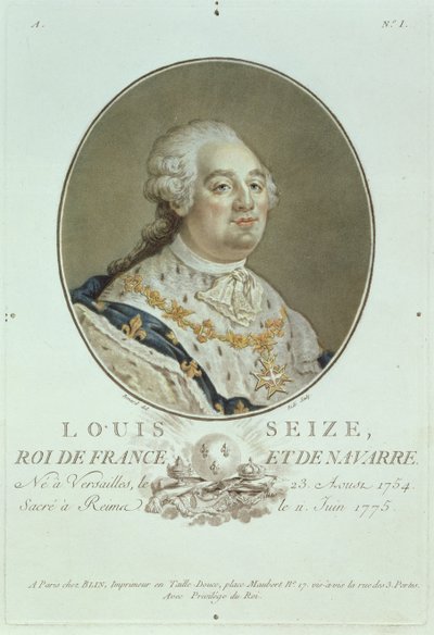 Ludvig XVI:n (1754-93) muotokuva teoksesta "Portraits des Grands Hommes Illustres", kaivertaja Ride (käsin väritetty kaiverrus). tekijältä Robert Benard
