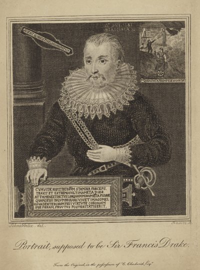 Francis Drake (kaiverrus) tekijältä Robert Blemell (after) Schnebbelie