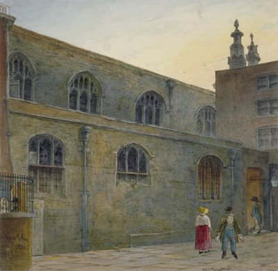 Guildhallin kappelin pohjoispuoli, joka näyttää sisäänkäynnin Cutthroat Alleylle, Lontoon City, 1820 tekijältä Robert Blemmell Schnebbelie
