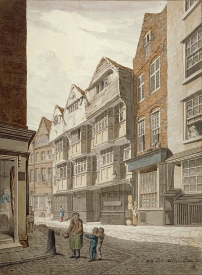 Lounaisnäkymä vanhasta puurunkoisesta talosta Ship Yardissa, Westminster, Lontoo, 1815 tekijältä Robert Blemmell Schnebbelie